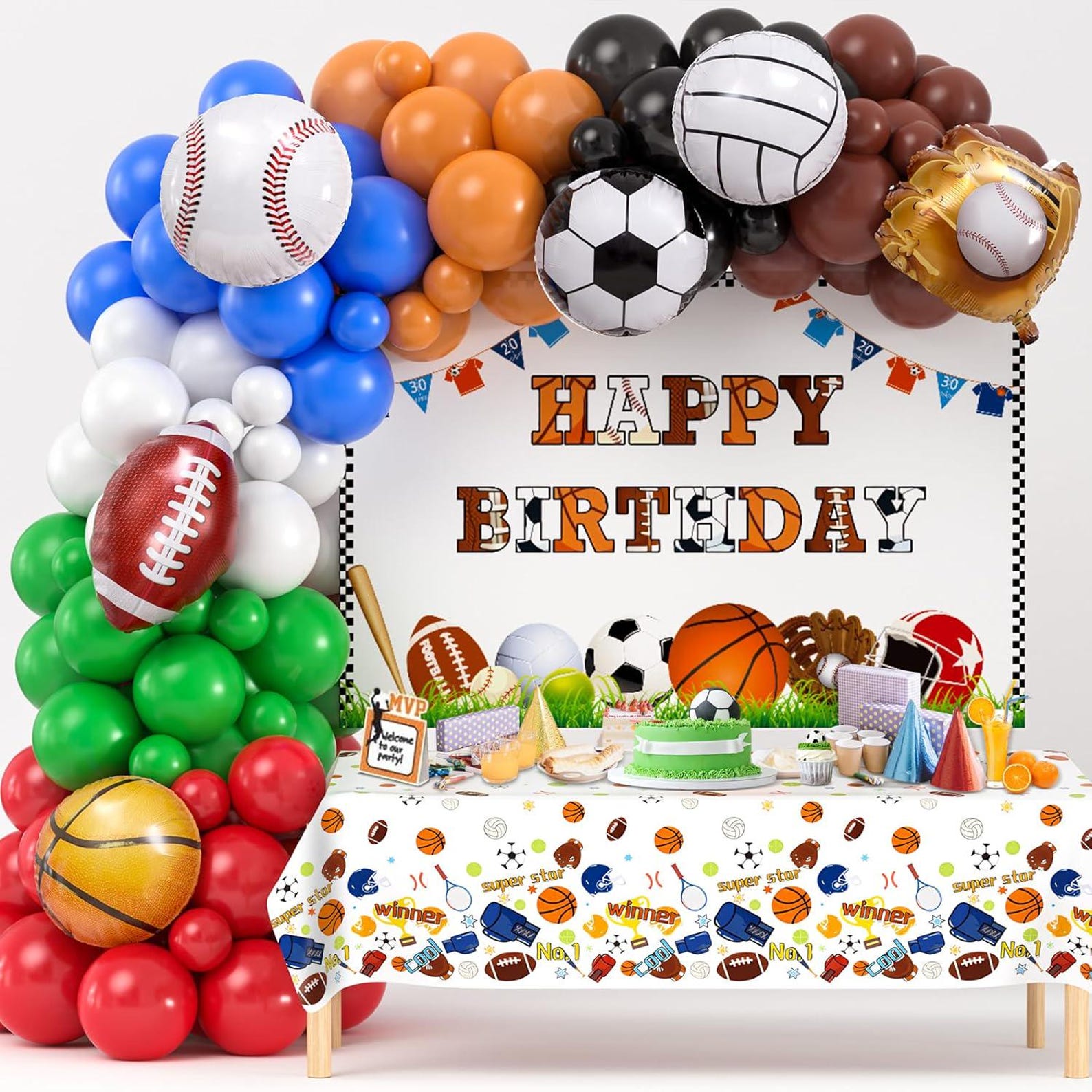 130pcs Sports Party Decor Kit  Balloon Arch Backdrop  Tablecloth for Kids Sports Birthday