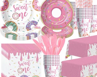 Donut “Sweet One” 1st Birthday Party Set – Pink Tableware for Girls, Serves 24 Guests