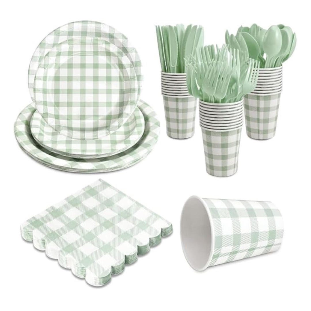Sage Green Gingham Disposable Party Tableware Set for 24 Guests - Etsy