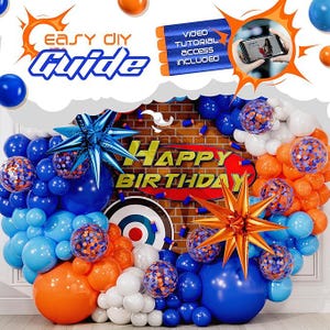 May include: A festive birthday balloon arch in shades of blue, orange, and white. The arrangement includes star-shaped foil balloons, confetti-filled balloons, and the words "Happy Birthday." The image also includes the text "Easy DIY Guide" and "Video Tutorial Access Included."