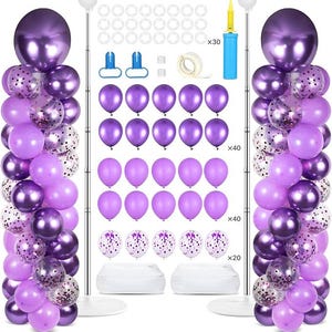 May include: A purple balloon arch kit with various shades of purple balloons, including metallic and confetti-filled options. The kit includes a hand pump, balloon tape, and base stands for easy setup. Perfect for parties and celebrations.