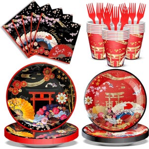May include: Japanese-themed party supplies featuring plates, cups, napkins, and forks. The plates and cups have a red and gold design with Japanese motifs. Napkins have a black background with cherry blossoms and fans. Red forks complete the set.