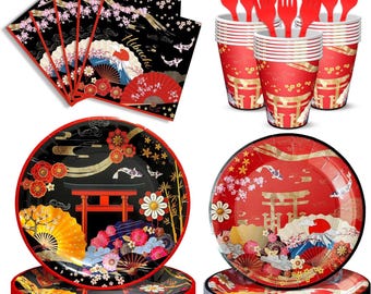 Hibachi Party Tableware Set Disposable Plates Cups Napkins Serve 24 Guests