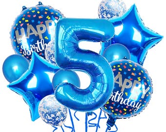 Blue 5th Birthday Balloon Set – 11pcs Foil & Confetti Balloons for Kids Party Decor