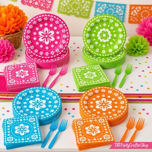 May include: A party supply set featuring stacks of round paper plates and square paper napkins in bright pink, lime green, turquoise, and orange, each decorated with a white floral pattern. Includes matching plastic forks in each color.