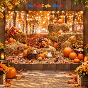 May include: A fall-themed backdrop featuring hay bales, orange pumpkins, and two chickens in a forest setting with string lights. The text The Party Crafter Shop is printed at the top. The scene includes autumn leaves and wooden crates.