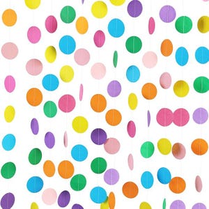 May include: Colorful paper circle garlands in various colors, including pink, green, yellow, orange, blue, and purple. The circles are strung together, creating a festive and decorative display, perfect for parties and celebrations.