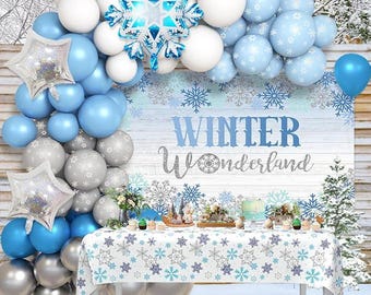 113-Piece Winter Wonderland Balloon Arch Kit with Blue Snowflakes for Baby Shower
