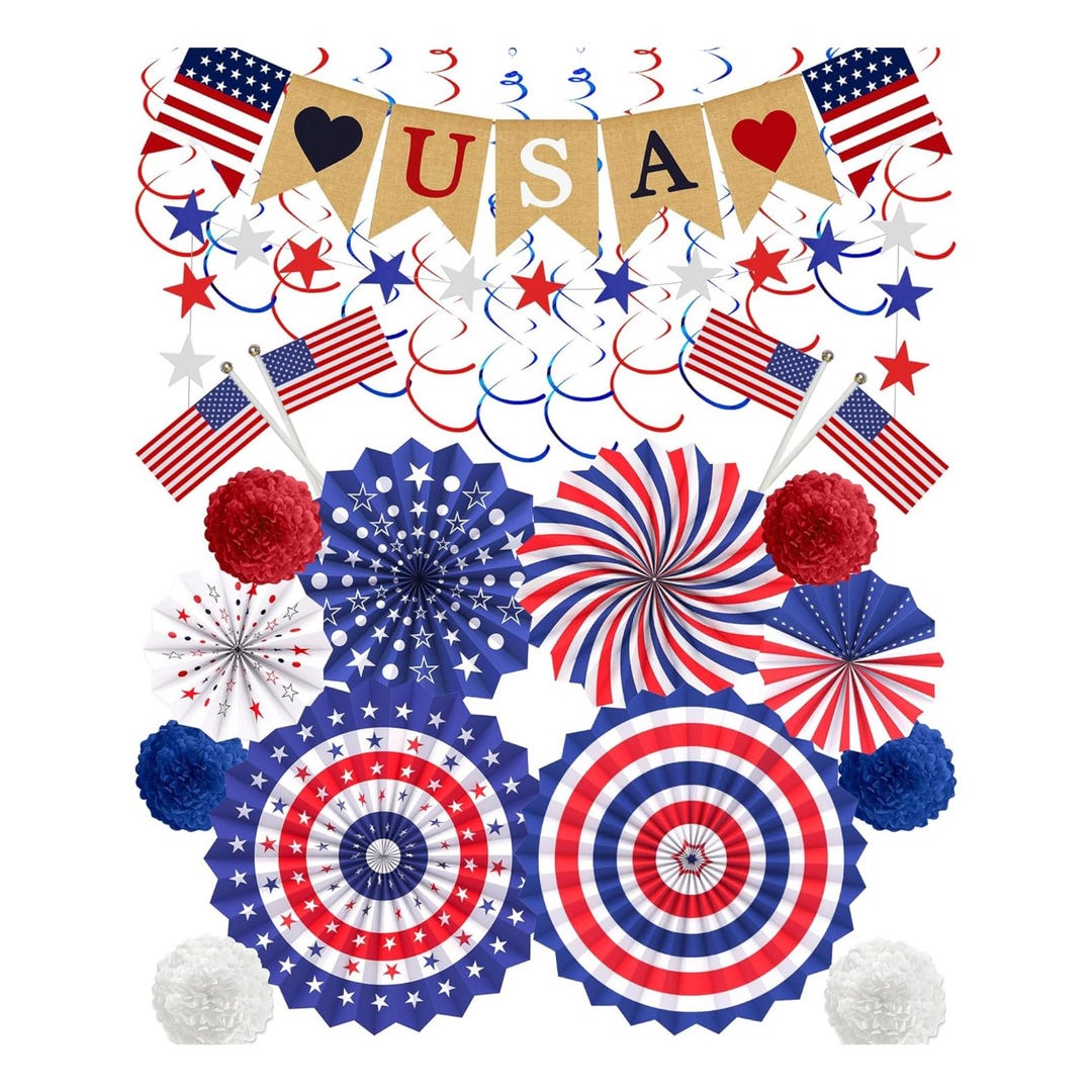 30 Piece Patriotic Party Decorations Set With Banner Fans and Pom Poms ...