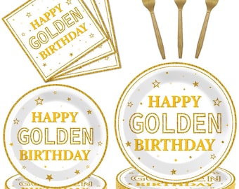 96Pcs Gold Birthday Party Tableware Set – Plates, Napkins & Decor for 24 Guests