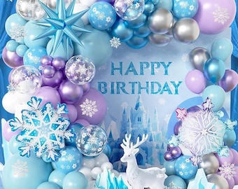 Frozen Balloon Arch Kit with Blue, Purple, White Balloons for Girls Winter Birthday Party