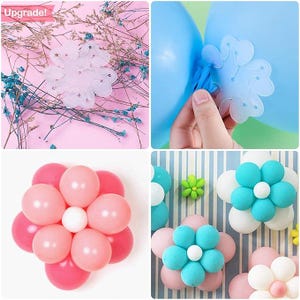 Pu&ograve; includere: Un collage di immagini che mostrano composizioni floreali con palloncini e accessori. Gli accessori includono clip trasparenti a forma di fiocco di neve utilizzate per fissare i palloncini. Le composizioni presentano palloncini rosa, bianchi e blu, creando disegni floreali.