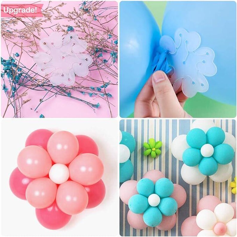 Pu&ograve; includere: Un collage di immagini che mostrano composizioni floreali con palloncini e accessori. Gli accessori includono clip trasparenti a forma di fiocco di neve utilizzate per fissare i palloncini. Le composizioni presentano palloncini rosa, bianchi e blu, creando disegni floreali.