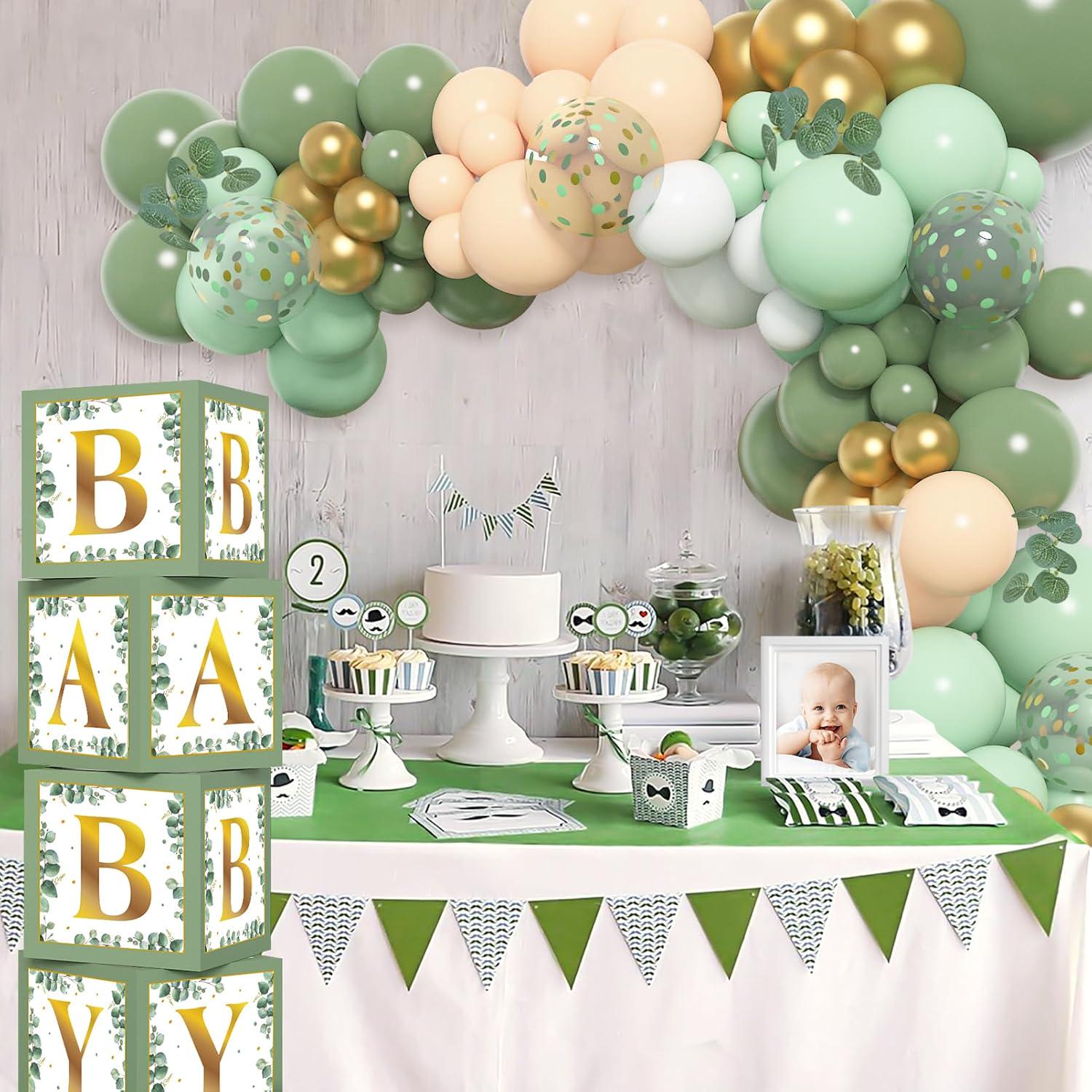 Kit Déco Baby Shower Vert Sauge – 130 Pièces – Ballons, Boîtes Transparentes Et Lettres BABY – Jungle Safari