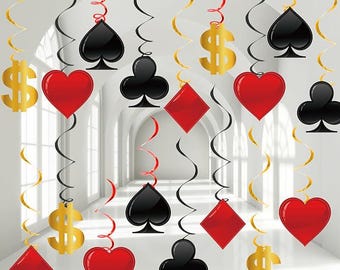 May include: A set of 12 hanging party decorations featuring playing card symbols, dollar signs, and hearts. The decorations are red, black, and gold.