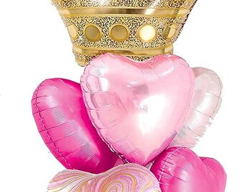 6pcs Pink Balloons with Gold Crown Foil for Girls Birthday or Baby Shower Decor
