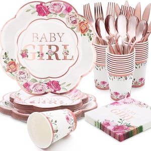 120Pcs Floral Baby Girl Shower Decorations Tableware Set – Serves 24 Guests