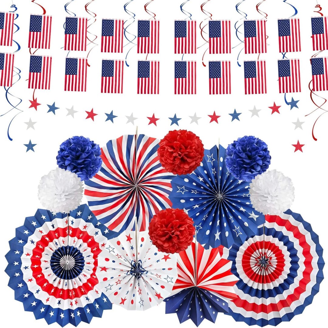 26 Piece Patriotic Decorations Set With Banner Fans and Hanging Swirls ...