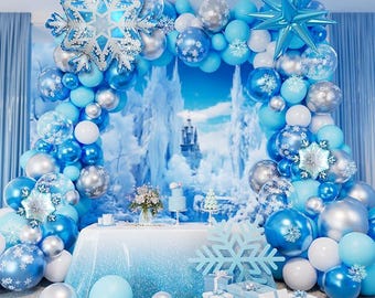 142PCS Frozen Balloon Arch Kit with Silver Blue Snowflake Balloons for Winter Birthday Party