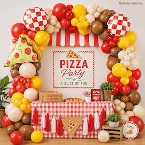 May include: A balloon arch in red, yellow, brown, and white with two checkered balloons and a pizza slice balloon. A table with a red and white checkered cloth features a pizza party sign, stacked pizza boxes, and a pizza graphic banner.