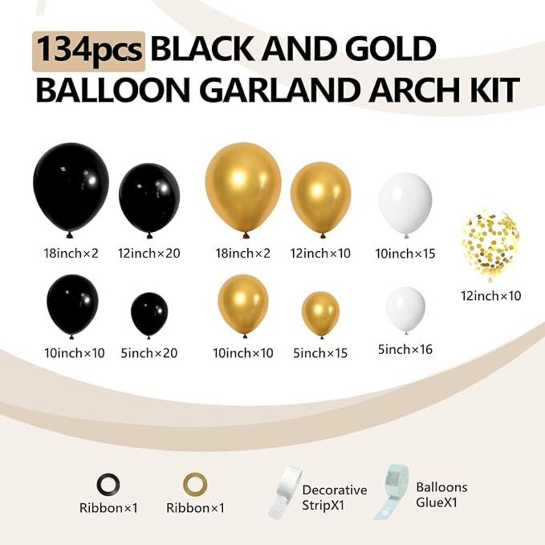 134pcs Black & Gold Balloon Garland Arch Kit for Birthday Party and ...