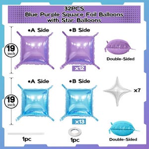 Pu&ograve; includere: Una collezione di 32 palloncini in lamina blu e viola, tra cui forme quadrate e a stella. I palloncini quadrati misurano 48 cm. Il testo recita "Blue Purple Square Foil Balloons with Star Balloons."