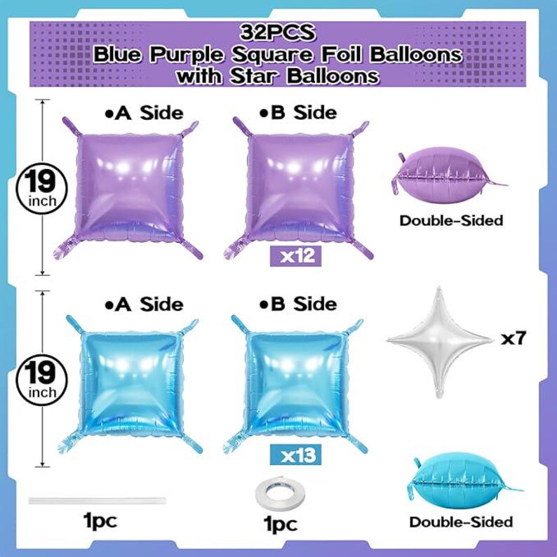 Pu&ograve; includere: Una collezione di 32 palloncini in lamina blu e viola, tra cui forme quadrate e a stella. I palloncini quadrati misurano 48 cm. Il testo recita "Blue Purple Square Foil Balloons with Star Balloons."