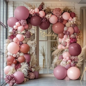 Dusty Rose Pink Balloon Garland Arch with Double-Stuffed Dark Pink Balloons for Boho Birthdays, Showers & Bachelorette Parties