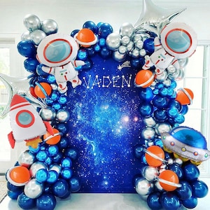 119 PCS Outer Space Balloon Arch Kit – Navy Blue, Silver, Rocket & Astronaut Balloons for Kids’ Party