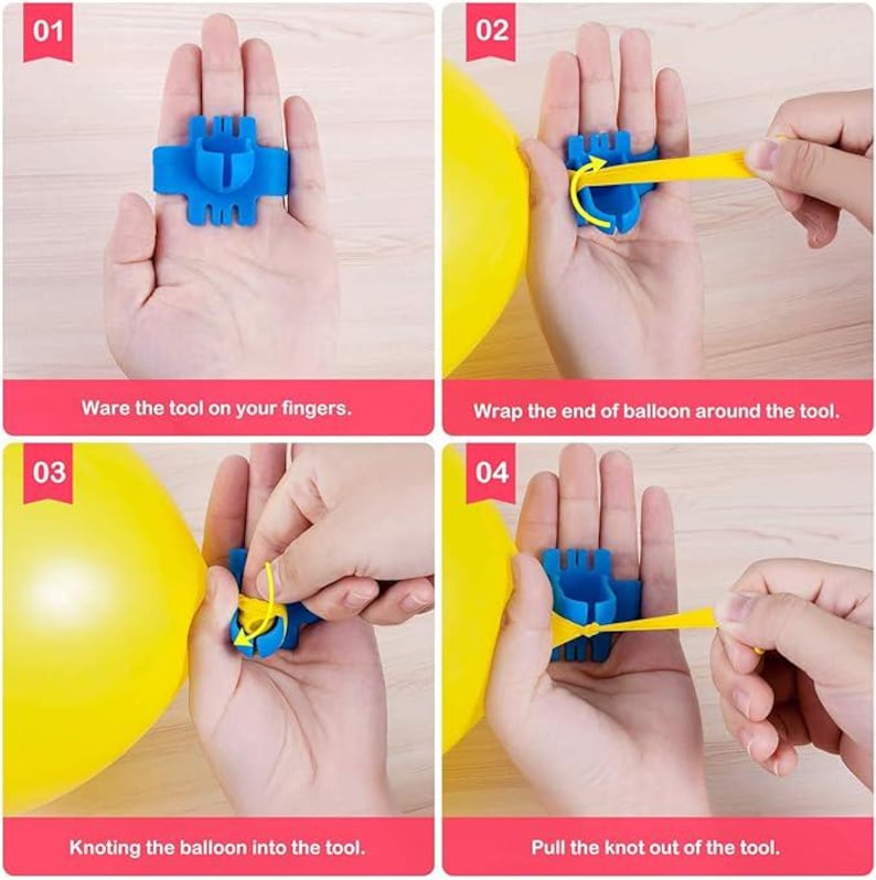Pu&ograve; includere: Una guida passo passo che mostra come usare uno strumento blu per annodare i palloncini. Lo strumento &egrave; tenuto in una mano e il processo prevede l'avvolgimento, l'annodatura e il tiraggio dell'estremit&agrave; del palloncino. Il testo nell'immagine recita: "Ware the tool on your fingers."