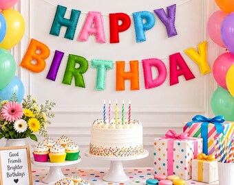 Könnte beinhalten: Ein Filzbanner mit der Aufschrift HAPPY BIRTHDAY in bunten Buchstaben hängt über einer weißen Torte mit fünf brennenden Kerzen, Cupcakes, Geschenken und einem Schild mit der Aufschrift Good Friends Brighter Birthdays, umgeben von bunten Luftballons.