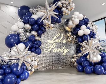130pcs Navy Blue Silver Balloon Arch Kit with Stars for Birthday Events