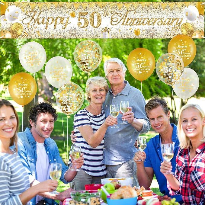 Türbanner Gold Weiß 50. Hochzeitstag Deko-Set – Weiß-Gold – Türbanner (90x185 Cm) + 18 Luftballons – Für Goldene Jubiläumsfeier – Inkl. Schnur Zum Aufhängen