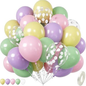 May include: A collection of pastel-colored balloons, including pink, yellow, green, and purple, some with polka dot patterns. The balloons are tied together with a silver wire, and a roll of white tape is visible. Ideal for party decorations.
