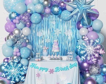 212PCS Frozen Balloon Arch Kit with Blue, Purple, White Balloons for Winter Birthday Party