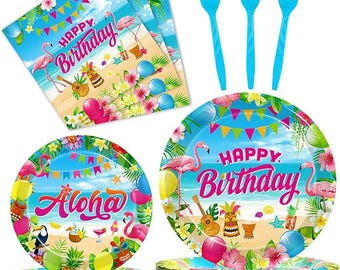 96PCS Hawaiian Aloha Party Supplies Set, Plates & Napkins for 24 Guests Summer Luau