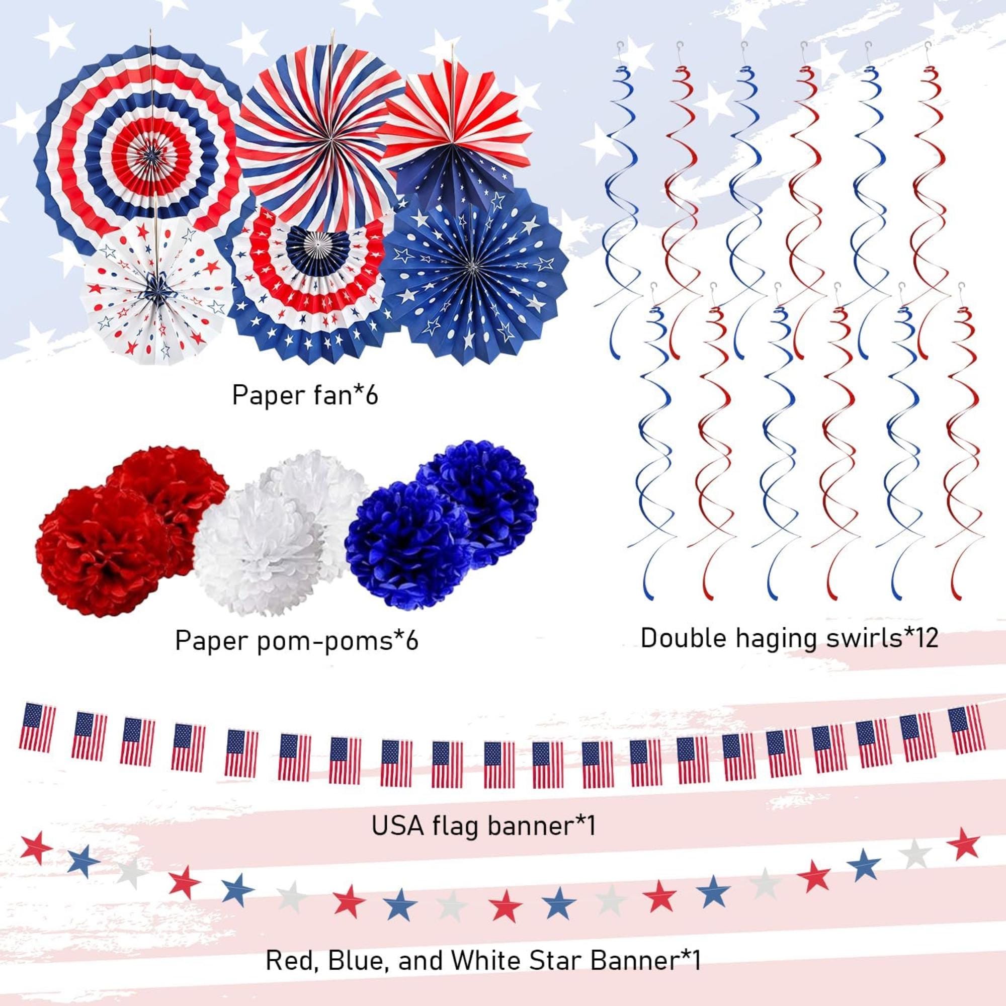 26 Piece Patriotic Decorations Set With Banner Fans and Hanging Swirls ...