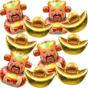 May include: A collection of foil balloons featuring the Chinese God of Wealth, with smiling faces and traditional attire. Accompanying the figures are gold ingot balloons, all in vibrant colors.
