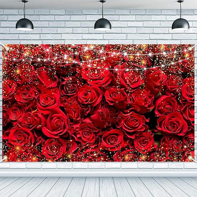 Happy Valentines Day Red Rose Banner Backdrop Large Party Photo Booth ...