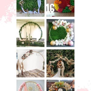 Puede incluir: Un collage de kits de arco circular para fiestas y eventos. La imagen presenta varios arcos decorados con flores, globos y tela. El texto en la parte superior dice "Make Your Party Even More Amazing" y "CIRCLE ARCH KIT" en la parte inferior.