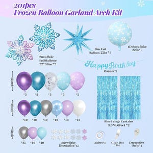 May include: A 201-piece Frozen-themed balloon garland arch kit. The kit includes snowflake foil balloons, a blue foil balloon, a 4D snowflake balloon, a "Happy Birthday" banner, blue fringe curtains, and various other decorations. The balloons are in shades of purple, blue, and white.