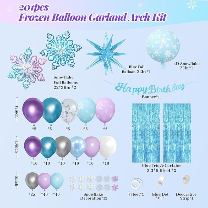 May include: A 201-piece Frozen-themed balloon garland arch kit. The kit includes snowflake foil balloons, a blue foil balloon, a 4D snowflake balloon, a "Happy Birthday" banner, blue fringe curtains, and various other decorations. The balloons are in shades of purple, blue, and white.