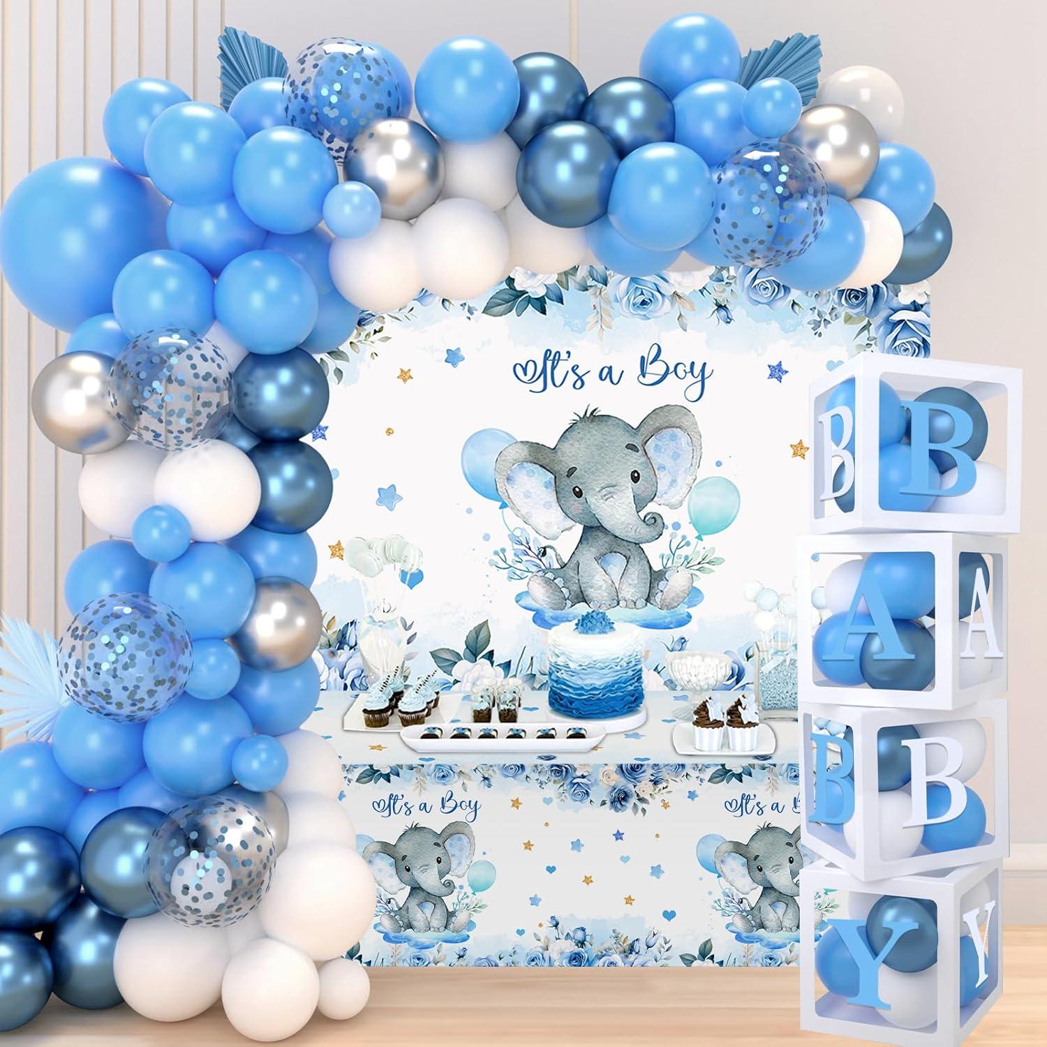 91pcs Blue Elephant Baby Shower Decor - Balloon Garland, Boxes, Backdrop & More