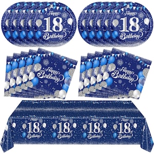 May include: A collection of party supplies with a navy blue theme. The set includes oval plates, napkins, and a rectangular tablecloth, all featuring the text "Happy 18th Birthday" with silver and blue balloons and confetti.