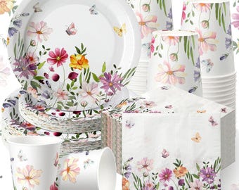 250PCS Wildflower Party Tableware Set for 50 Guests - Plates, Cups, Napkins