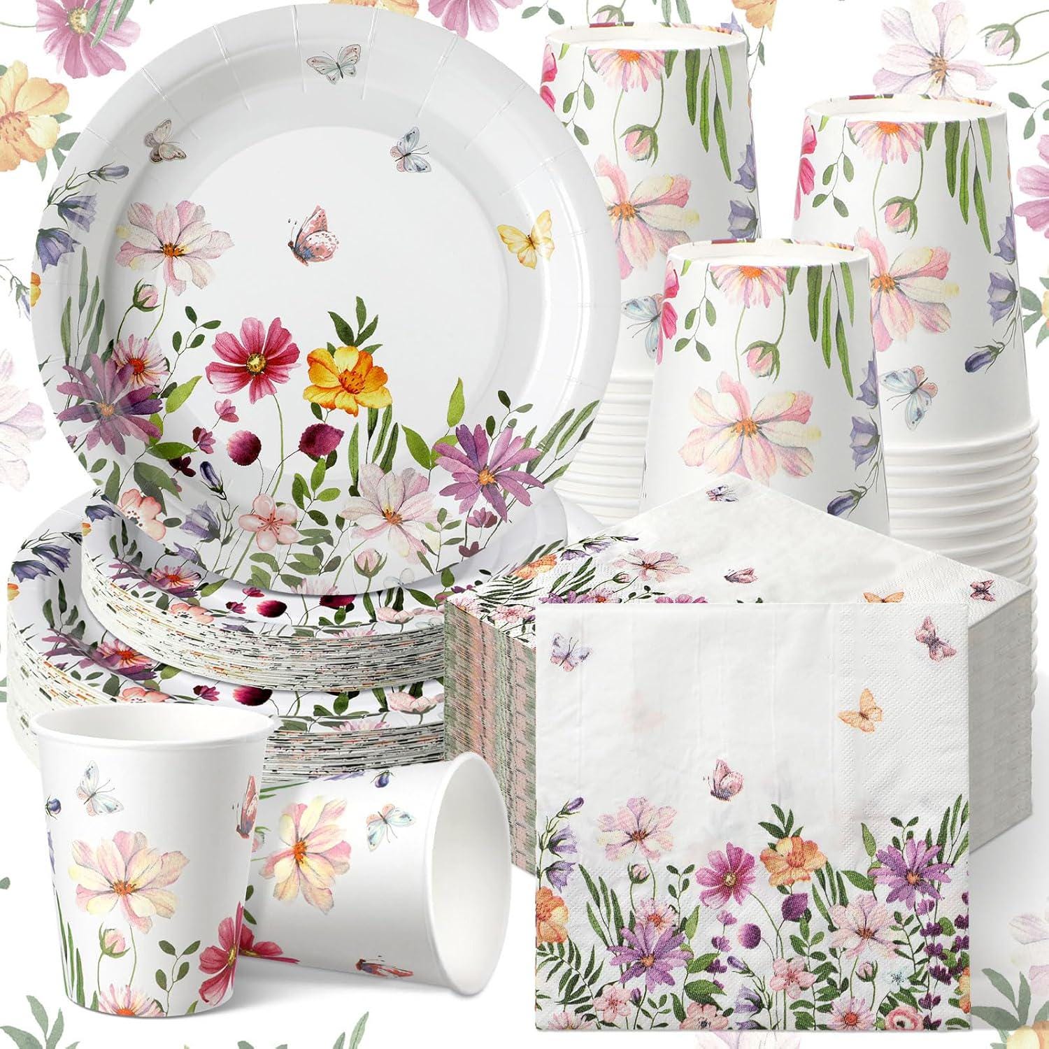 250PCS Wildflower Party Tableware Set for 50 Guests - Plates, Cups