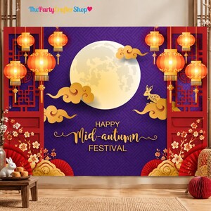 May include: A rectangular backdrop for the Mid-Autumn Festival featuring a large full moon, golden clouds, and a rabbit silhouette on a purple patterned background. Red lanterns hang from the top, and red architectural frames flank the sides.