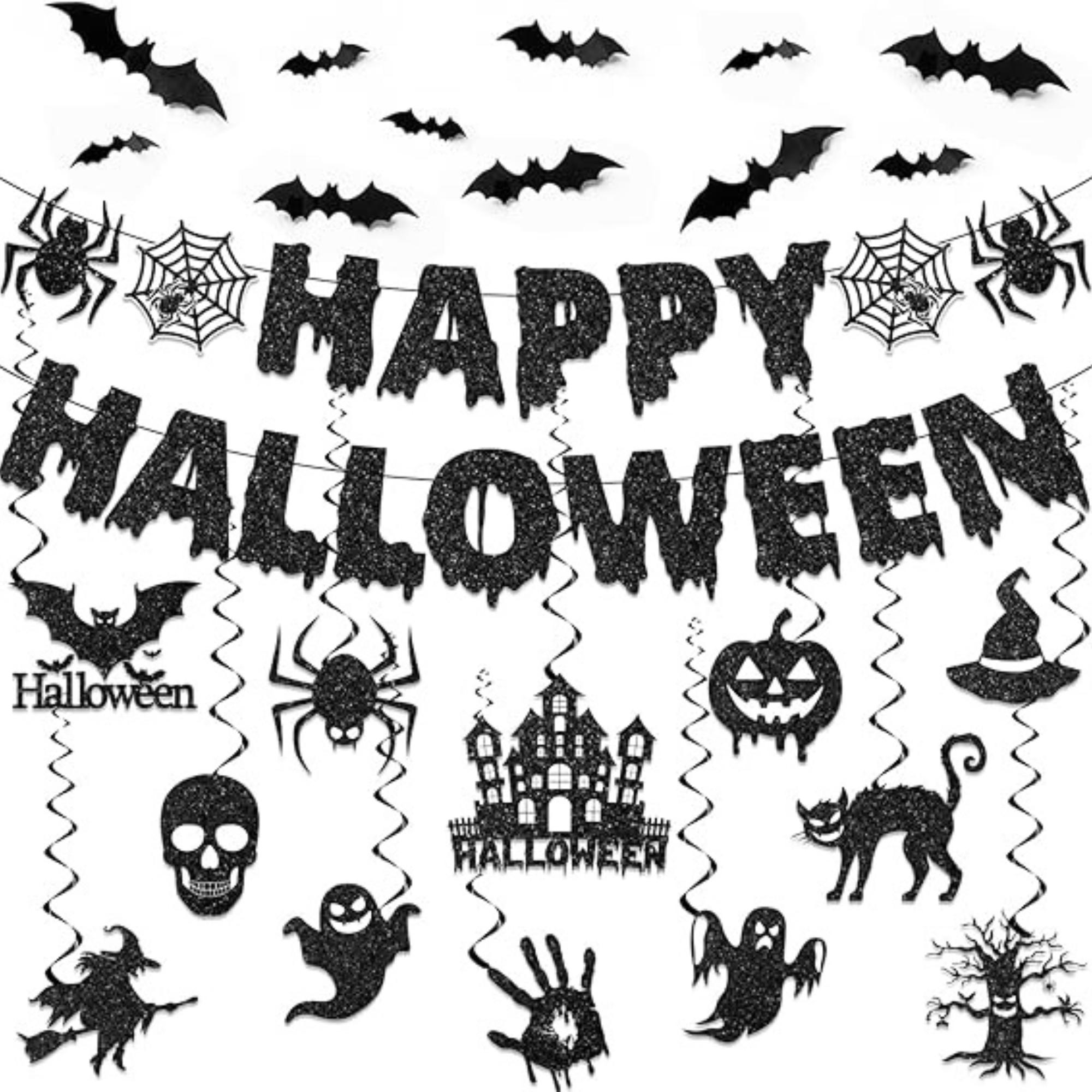 Glitzerndes Happy Halloween Banner Schwarz – Partydekoration Mit Buchstaben, Fledermaus & Kürbis