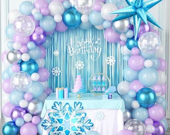 Snow Balloon Arch Kit with Blue, Purple, Silver, White Balloons for Winter Wonderland Party