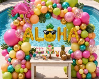 151pc Hawaiian Luau Balloon Arch Kit | Hot Pink Green Orange Garland | Flamingo Aloha Balloons Palm Leaves Birthday Decor